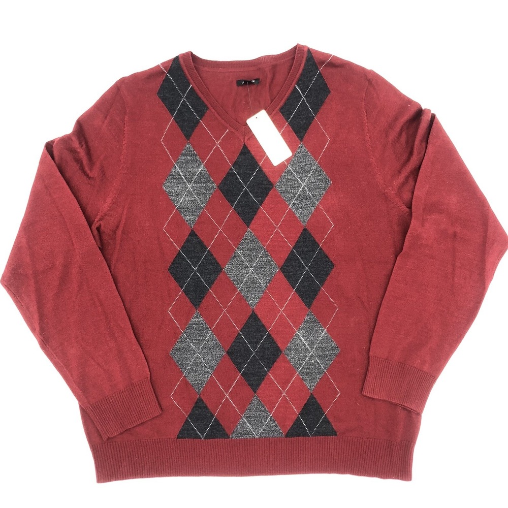 NEW Apt. 9 Merino Wool Maroon Argyle V-neck Sweater Men's Size XXL